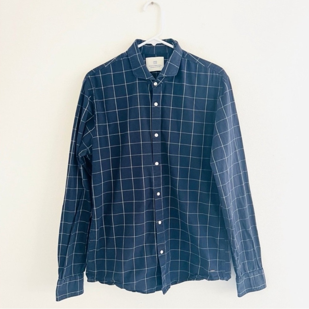 Scotch & Soda Blue Navy Graph Checkered Cotton Collared Button Down Large - Picture 2 of 6